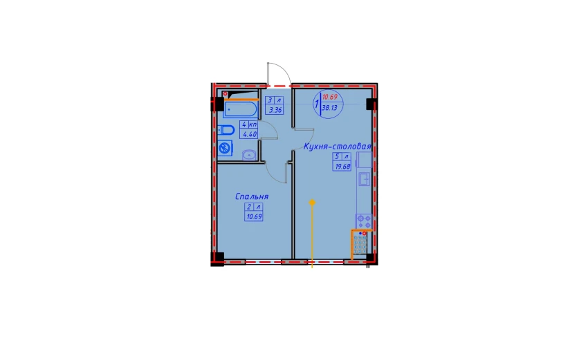 1-xonali xonadon 42.16 m²  1/12 qavat | SPUTNIK AVENUE Turar-joy majmuasi