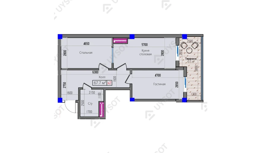 2-xonali xonadon 67.7 m²  2/16 qavat | Park Avenue Turar-joy majmuasi