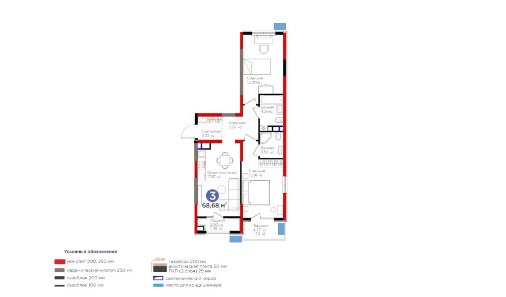 3-xonali xonadon 68.68 m²  7/7 qavat