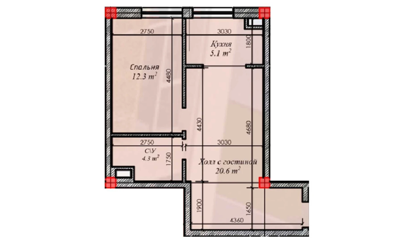 2-комнатная квартира 42.3 м²  3/3 этаж