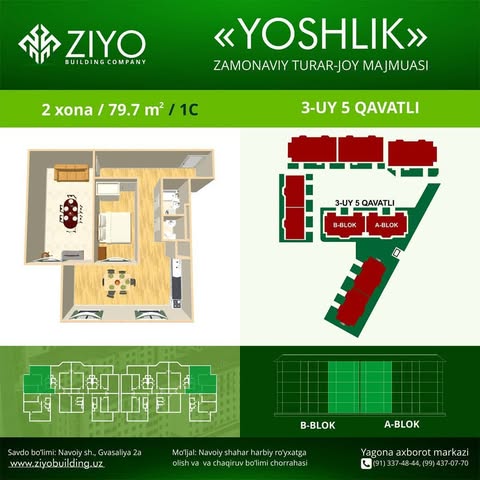 "Yoshlik" - 3-UY 5 Qavatli / 2 xona 79.70 m2
🏢 Ziyo Building - turar-joy majmualarini qurish.
📱 +998-91-337-48-44
📱 +998-99-437-07-70
🌐 www.ziyobuilding.uz
.
.
Administratorlar:
👩‍💻 @ezozbekgiyazov
👩‍💻 @ravshancha.uz
.
.
#подписка#репост#отзивы#комментарии#love#instagood#follow#like4like#instatag#instalike#amazing#repost#instafollow#instalove#likesforfollow#comment#commentback#commenting#building#buildings#tashkentcity#city#citylife#buildingahouse#navoiy#navoiycity#navai#navoiyliklar#zarafshon