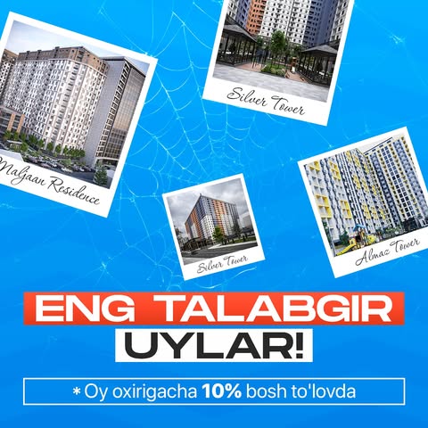 10+ aksiyasi davom etmoqda! O'zingizga mos xonadon tanlang

🏠 Oilaviy hayot kechirish uchun juda mos keladigan va eng talabgir xonadonlarni 10% dastlabki to'lov bilan 48 oy halol bo'lib to'lash evaziga xarid qiling.

👉 Agar siz «Almaz Tower»dan 2 xonali 67.1 m² xonadonni tanlasangiz, bosh to'lov $10 593 emas, $5 296 to'laysiz. 

Shoshiling! 1-fevralgacha taklif sizni qo'lingizda! 

Qaysi birini tanlashni bilmayapsizmi? Unday bo'lsa, qo'ng'iroq qiling va sotuv ofisimizga tashrif buyuring — to'g'ri tanlov qilishga yordam beramiz!

📞 78-777-77-27