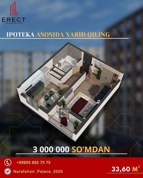 Yangi Nurafshon Turar-joy loyihasidan ajoyib taklif! 🔥

1️⃣ xona
 • Maydon: 33,60 m²
 • Umumiy summa: 278 880 000 so‘m
 • Boshlang‘ich to‘lov: 69 720 000 so‘m
 • Ipoteka: 209 160 000 so‘m
 • Oylik to‘lov: 3 000 000 so‘m

2️⃣ xona
 • Maydon: 53,50 m²
 • Umumiy summa: 433 350 000 so‘m
 • Boshlang‘ich to‘lov: 108 337 500 so‘m
 • Ipoteka: 325 012 500 so‘m
 • Oylik to‘lov: 5 000 000 so‘m

🏗 Majmua 2025 yilning 1-choragi oxirida foydalanishga topshiriladi.

📞 Qo‘ng‘iroq qiling va batafsil ma’lumot oling:
+998 99 375 75 75
+998 95 885 75 75
+998 95 554 75 75
+998 95 353 75 75

_

Уникальное предложение от жилого комплекса “Янги Нурафшон”! 🔥

1️⃣ комната
 • Площадь: 33,60 м²
 • Общая стоимость: 278 880 000 сум
 • Первоначальный взнос: 69 720 000 сум
 • Ипотека: 209 160 000 сум
 • Ежемесячный платёж: 3 000 000 сум

2️⃣ комнаты
 • Площадь: 53,50 м²
 • Общая стоимость: 433 350 000 сум
 • Первоначальный взнос: 108 337 500 сум
 • Ипотека: 325 012 500 сум
 • Ежемесячный платёж: 5 000 000 сум

🏗 Комплекс будет сдан в эксплуатацию в конце 1 квартала 2025 года.

📞 Звоните и получите подробную информацию:
+998 99 375 75 75
+998 95 885 75 75
+998 95 554 75 75
+998 95 353 75 75

#erect_uz