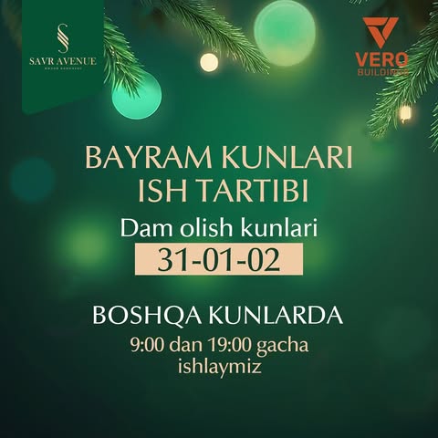 Aziz obunachilar!

👉 31-dekabr va 1–2-yanvar kunlari biz bayram munosabati bilan dam olamiz.

Qolgan kunlarda odatiy ish tartibimizda — 09:00 dan 19:30 gacha faoliyat yuritamiz.

😇 Yangi yilni yaxshi kayfiyat va iliq lahzalar bilan kutib oling!

➖➖➖➖➖➖➖➖➖➖

Дорогие подписчики!

👉 Обращаем ваше внимание, что в праздничные дни — 31 декабря и 1–2 января — мы отдыхаем.

В остальные дни работаем в обычном режиме с 09:00 до 19:30.

😇 Желаем теплых праздников и счастливого Нового года!