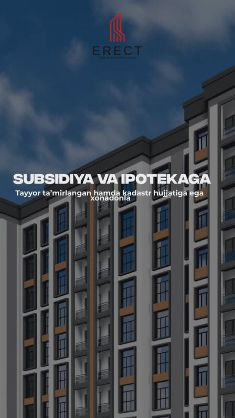 “Nurafshon Palace” – Yangi hayotingizga tayyor xonadonlar!

🌟 Tayyor, ta’mirlangan xonadonlar – kadastr hujjatlari bilan birga!
🌟 Subsidiya va ipoteka imkoniyatlari mavjud!

Maydonlar:
 • 2 xonali: 64.68 m² | 66.12 m² | 66.46 m² | 66.67 m²
 • 3 xonali: 76.49 m² | 78.50 m²

🔑 Afzalliklar:
✔️ Darhol yashashga tayyor uylar
✔️ Qulay joylashuv va sifatli ta’mir
✔️ Shinam va zamonaviy sharoitlar 

🏡 Xonadoningizni bugun tanlang!
📲 Qo‘shimcha ma’lumot va buyurtma uchun: 95 885 7575

“Nurafshon Palace” – Sizning shinam va qulay uyingiz!

—-

“Nurafshon Palace” – Квартиры, готовые для новой жизни!

🌟 Полностью готовые и отремонтированные квартиры с оформленными кадастровыми документами!
🌟 Возможность приобретения через субсидию и ипотеку!

Доступные площади:
• 2-комнатные квартиры: 64.68 м² | 66.12 м² | 66.46 м² | 66.67 м²
• 3-комнатные квартиры: 76.49 м² | 78.50 м²

🔑 Почему выбирают нас?
✔️ Квартиры готовы для заселения
✔️ Удобное расположение и качественный ремонт
✔️ Современные и комфортные условия

🏡 Выберите свой дом уже сегодня!
📲 Для получения информации и бронирования: +998 95 885 7575

“Nurafshon Palace” – Ваш уютный и комфортный дом!

#erect_uz