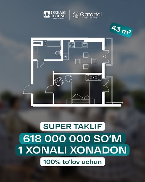 Qatortol Residence loyihamizdan ilk takliflarimizni qarshi oling. 🏡✨

Xonadonlarimizni foizsiz muddatli to’lov orqali yoki katta chegirma bilan 100% to’lov orqali xarid qiling.

🏙 Afzalliklarimiz:

- Rivojlangan infratuzilma
- Yer osti va usti parkovka
- 24/7 qo‘riqlanadigan hovli
- Ko‘rkam terassalar

📍 Manzil: Toshkent sh., Chilonzor tumani, Oqtepa MFY, Lutfiy 4-tor ko’chasi, 16-B uy
___

Встречайте наши первые предложения по проекту Qotortal Residence. 🏡✨

Теперь у вас есть возможность приобрести квартиру в рассрочку без переплат или получить супер скидку при полной оплате!

🏙 Наши преимущества:

- Развитая инфраструктура
- Подземная и наземная парковка
- Охраняемый двор 24/7
- Живописные террасы

📍 Адрес: г. Ташкент, Чиланзарский район, Октепа МФЙ, 4-й тупик улицы Лутфия, дом 16-Б.

📞 Ma’lumot: 77 123 07 77
📩 Telegram orqali murojaat: @qatortol_kamola

Telegram kanal: @qatortol_residence